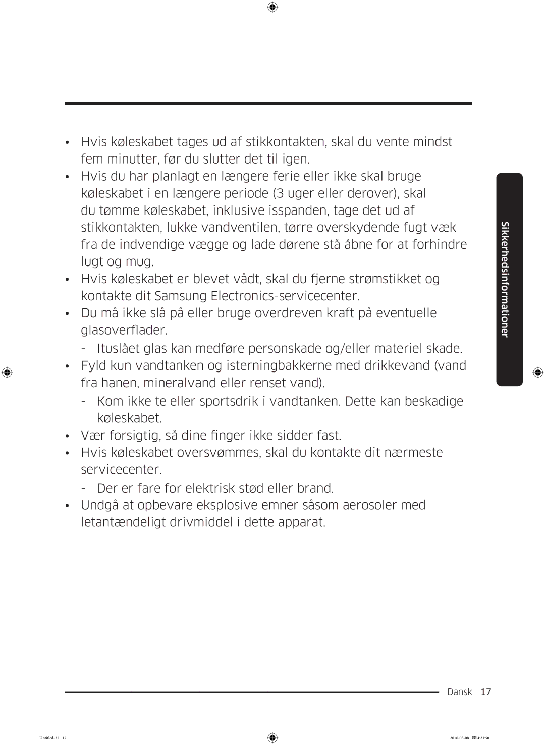 Samsung RS53K4400WW/EF, RS57K4000SA/EF, RS53K4400SA/EF, RS57K4000WW/EF manual Dansk 17  